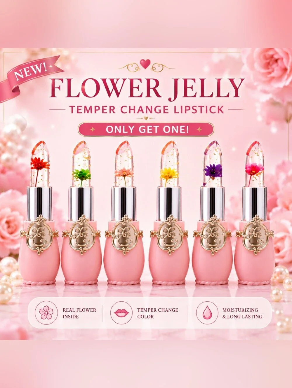 1 Flower Jelly Temperature Color Changing Lipstick Real Flower New